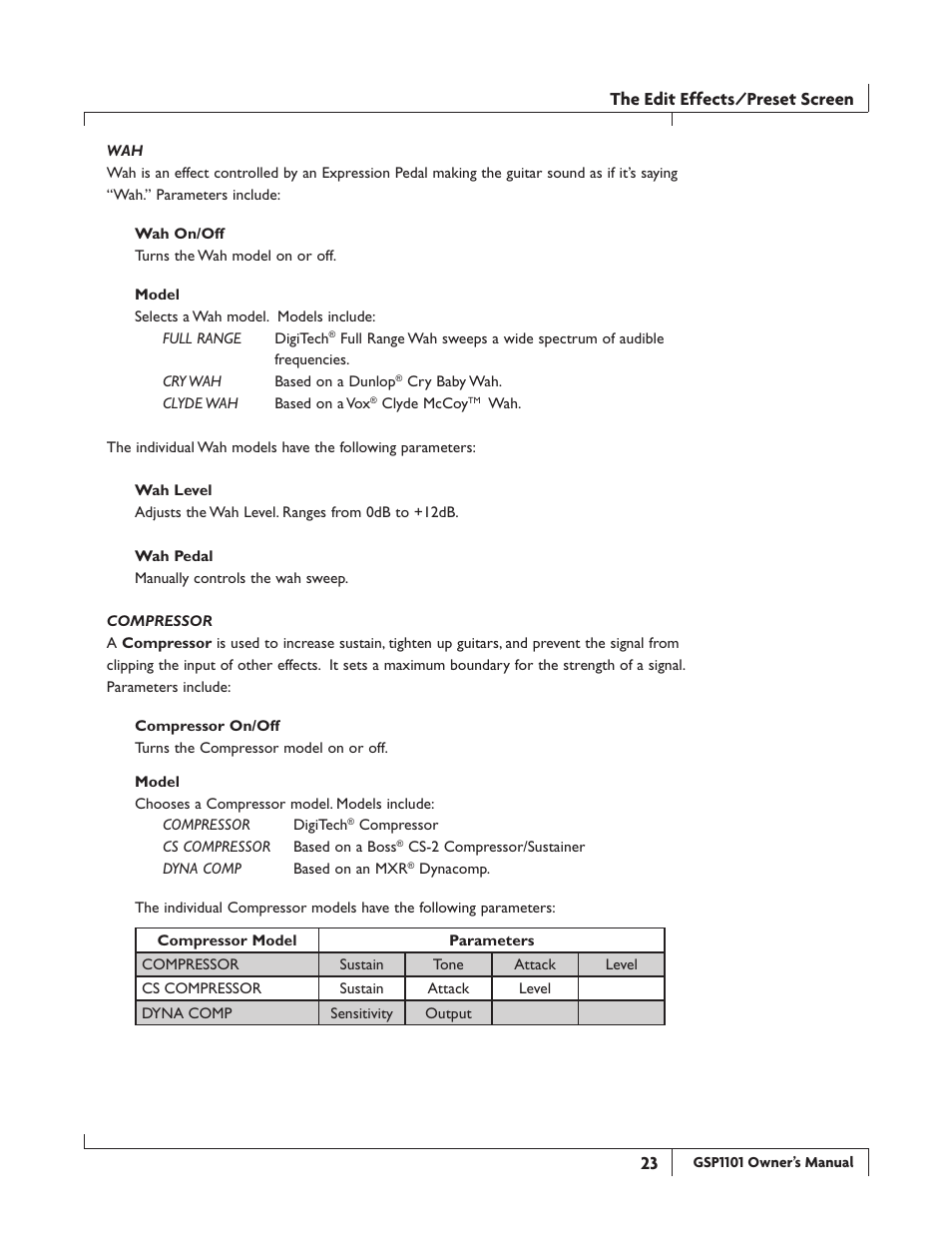 The edit effects/preset screen | DigiTech GSP1101 User Manual | Page 29 / 64