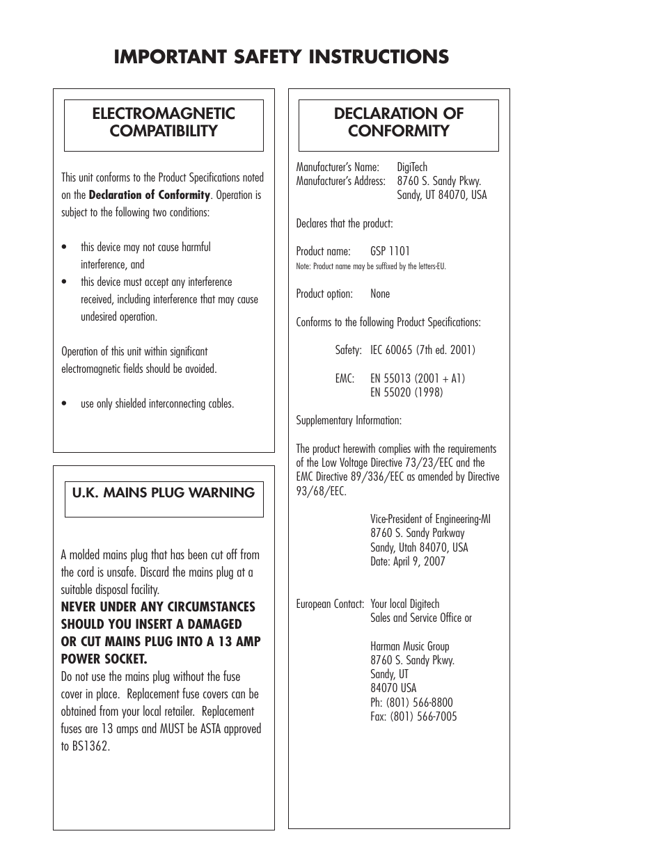 Important safety instructions, Declaration of conformity, Electromagnetic compatibility | DigiTech GSP1101 User Manual | Page 3 / 64