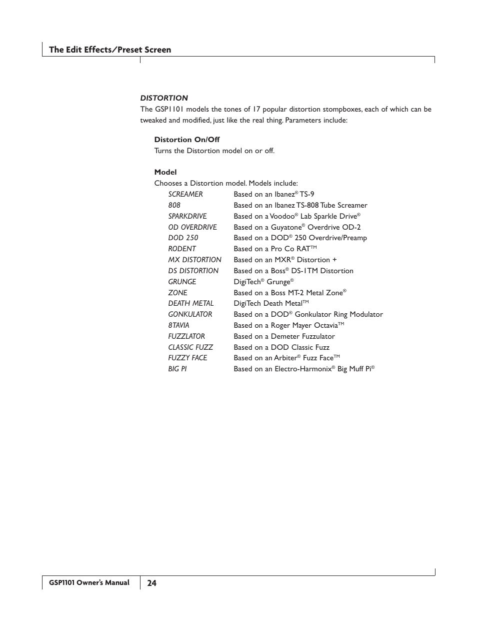 The edit effects/preset screen | DigiTech GSP1101 User Manual | Page 30 / 64