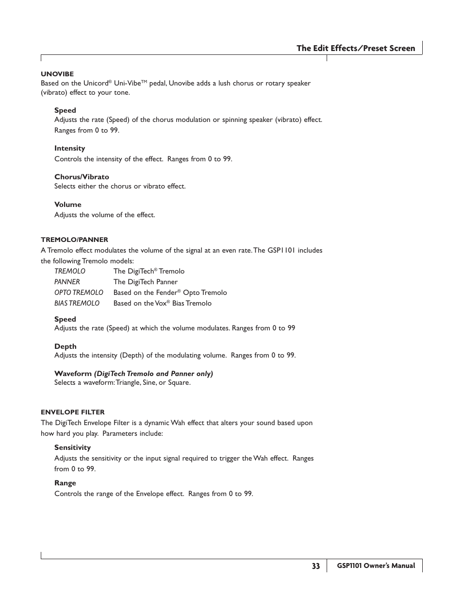 The edit effects/preset screen | DigiTech GSP1101 User Manual | Page 39 / 64
