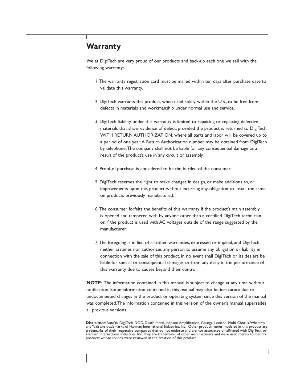 Warranty | DigiTech GSP1101 User Manual | Page 4 / 64