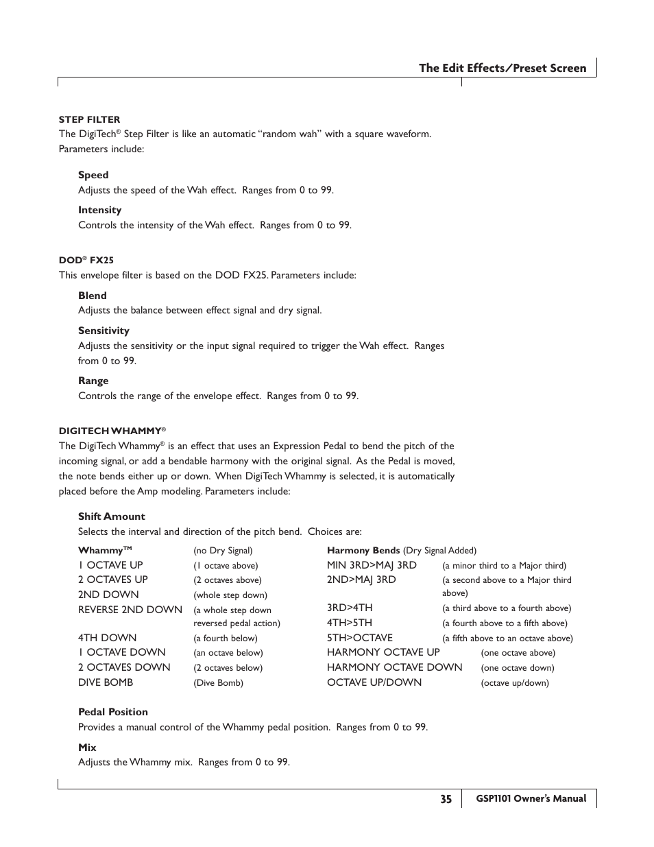 The edit effects/preset screen | DigiTech GSP1101 User Manual | Page 41 / 64