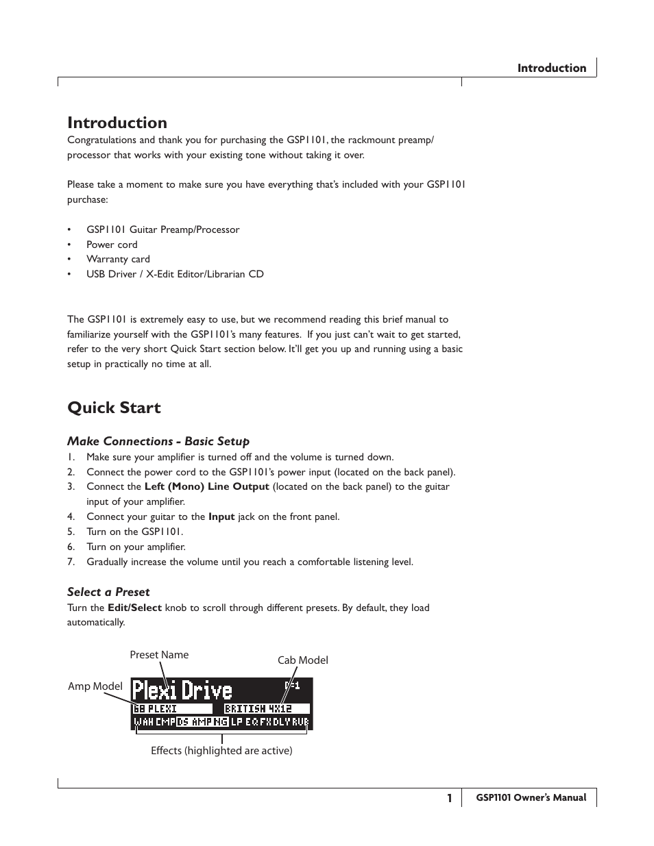 Introduction, Quick.start | DigiTech GSP1101 User Manual | Page 7 / 64