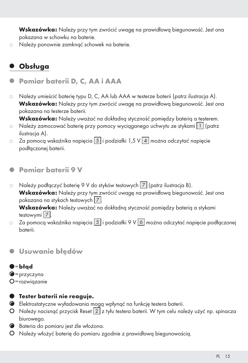 Obsługa, Pomiar baterii d, c, aa i aaa, Pomiar baterii 9 v | Usuwanie błędów | Tronic H12276 User Manual | Page 15 / 48