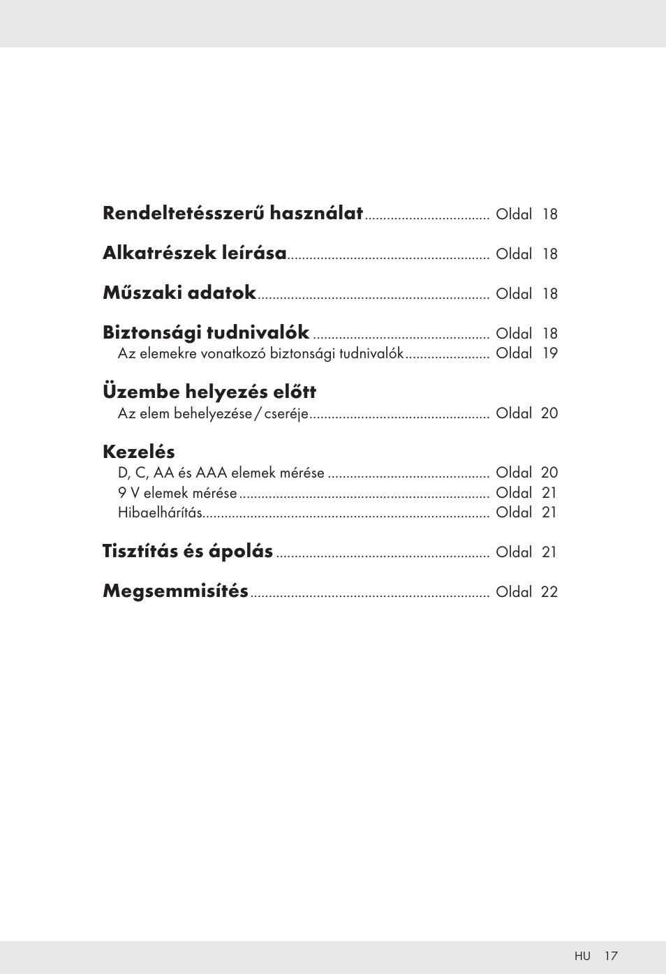 Rendeltetésszerű használat, Alkatrészek leírása, Műszaki adatok | Biztonsági tudnivalók, Üzembe helyezés előtt, Kezelés, Tisztítás és ápolás, Megsemmisítés | Tronic H12276 User Manual | Page 17 / 48
