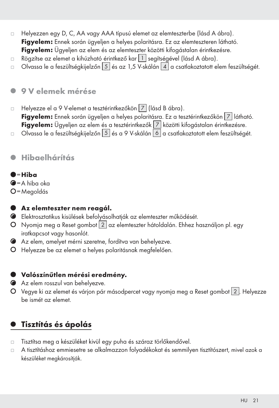 9 v elemek mérése, Hibaelhárítás, Tisztítás és ápolás | Tronic H12276 User Manual | Page 21 / 48