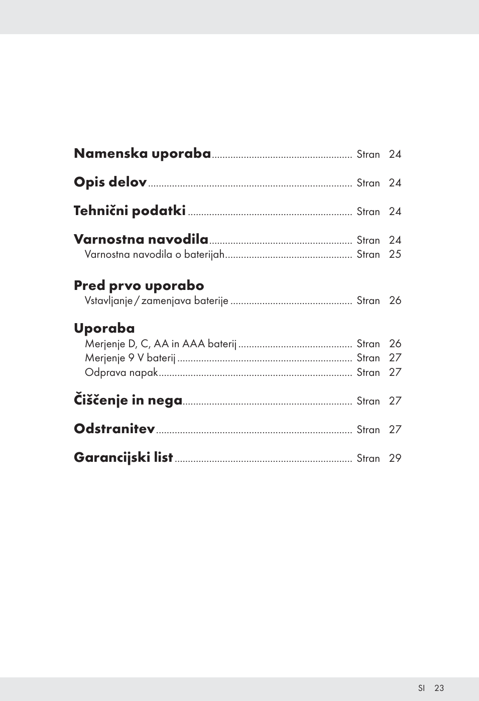 Namenska uporaba, Opis delov, Tehnični podatki | Varnostna navodila, Pred prvo uporabo, Uporaba, Čiščenje in nega, Odstranitev, Garancijski list | Tronic H12276 User Manual | Page 23 / 48
