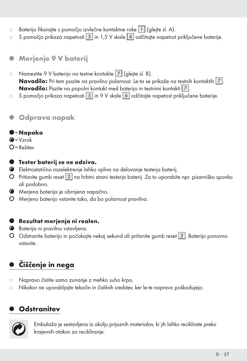 Merjenje 9 v baterij, Odprava napak, Čiščenje in nega | Odstranitev | Tronic H12276 User Manual | Page 27 / 48