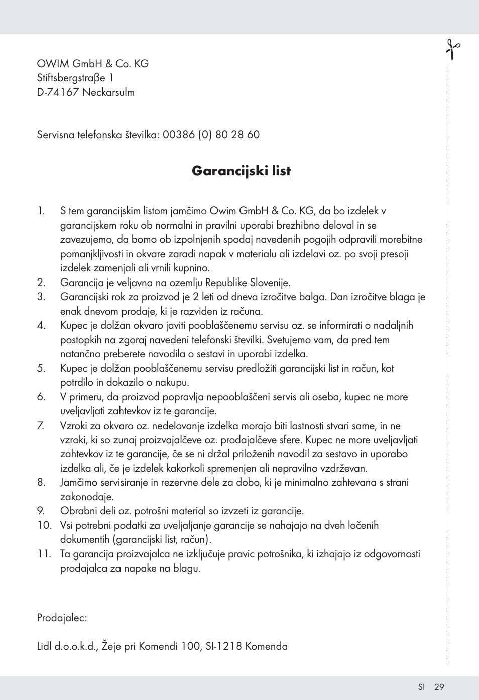Garancijski list | Tronic H12276 User Manual | Page 29 / 48