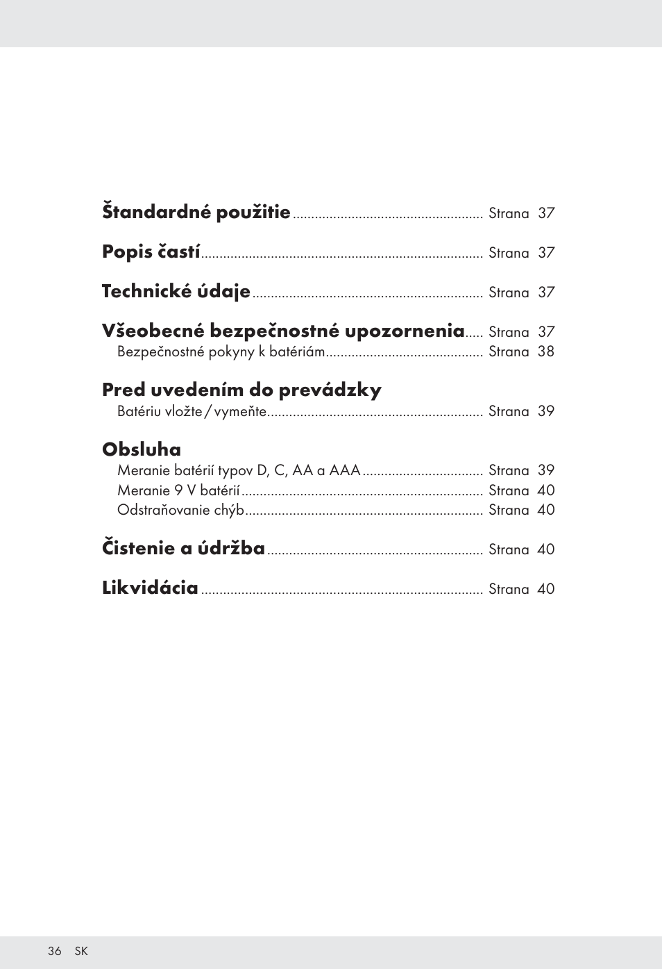 Štandardné použitie, Popis častí, Technické údaje | Všeobecné bezpečnostné upozornenia, Pred uvedením do prevádzky, Obsluha, Čistenie a údržba, Likvidácia | Tronic H12276 User Manual | Page 36 / 48
