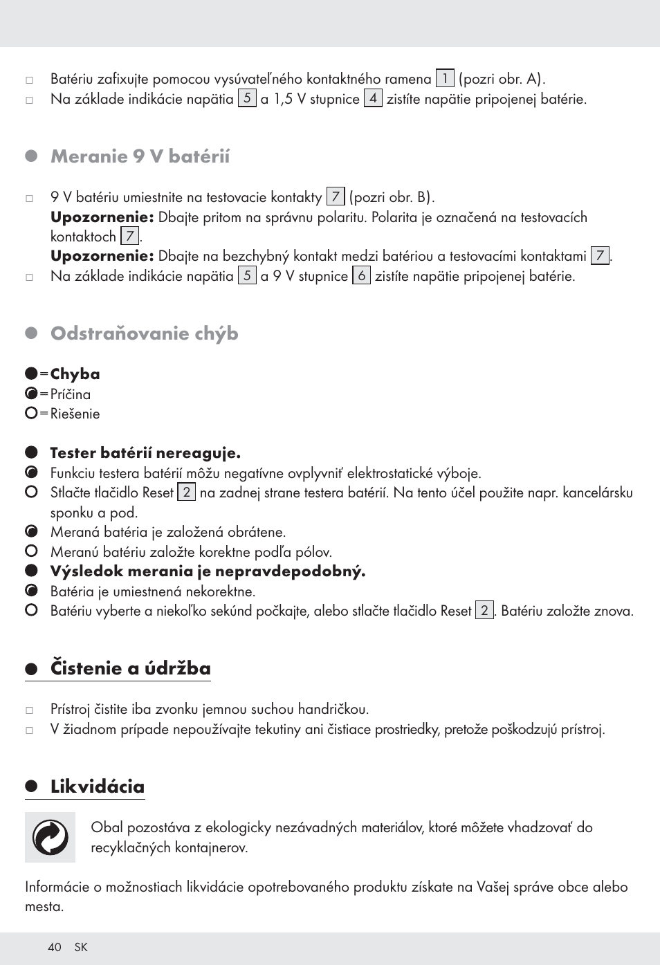 Meranie 9 v batérií, Odstraňovanie chýb, Čistenie a údržba | Likvidácia | Tronic H12276 User Manual | Page 40 / 48
