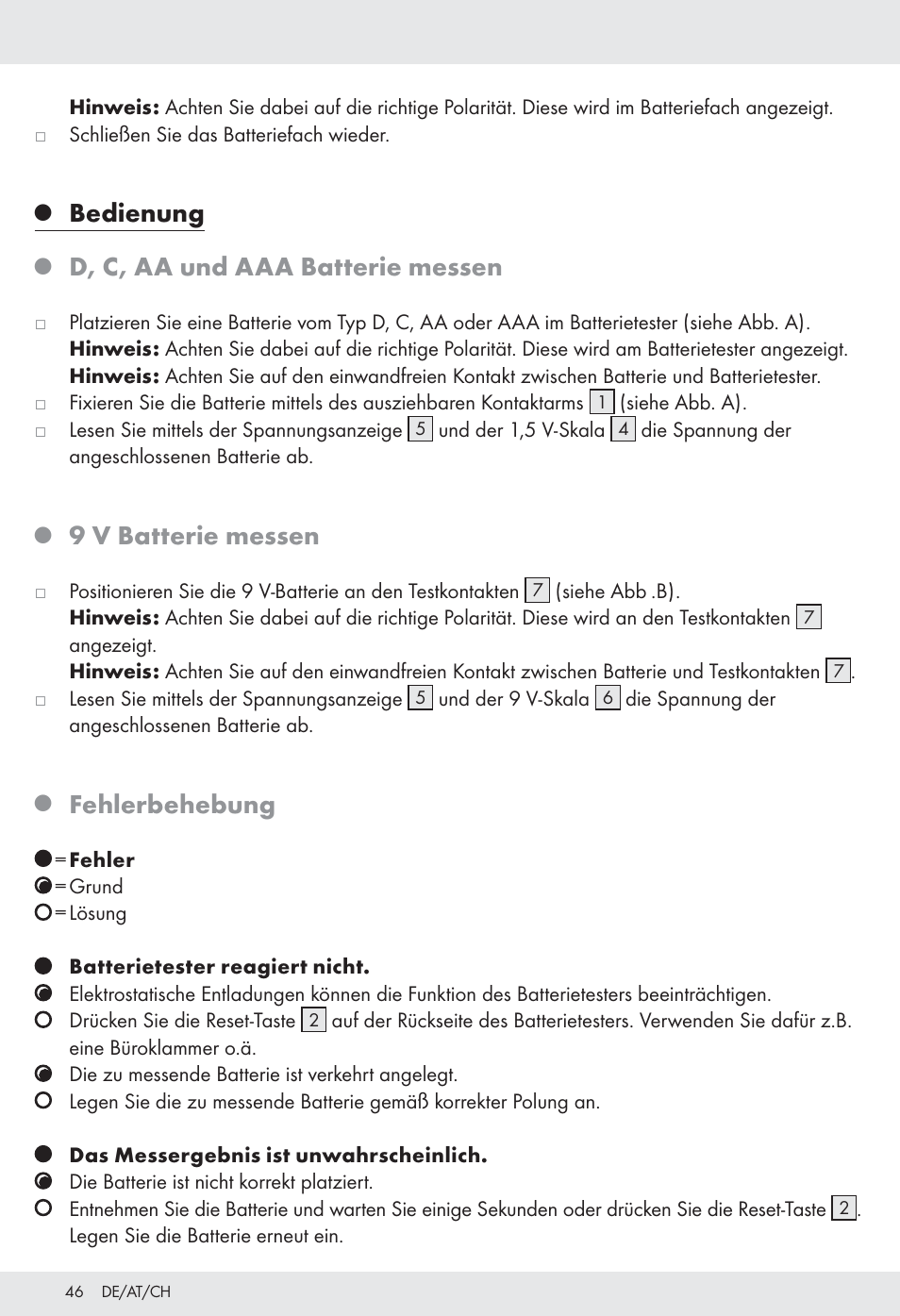 Bedienung, D, c, aa und aaa batterie messen, 9 v batterie messen | Fehlerbehebung | Tronic H12276 User Manual | Page 46 / 48