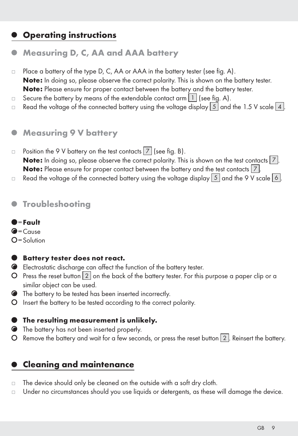 Operating instructions, Measuring d, c, aa and aaa battery, Measuring 9 v battery | Troubleshooting, Cleaning and maintenance | Tronic H12276 User Manual | Page 9 / 48