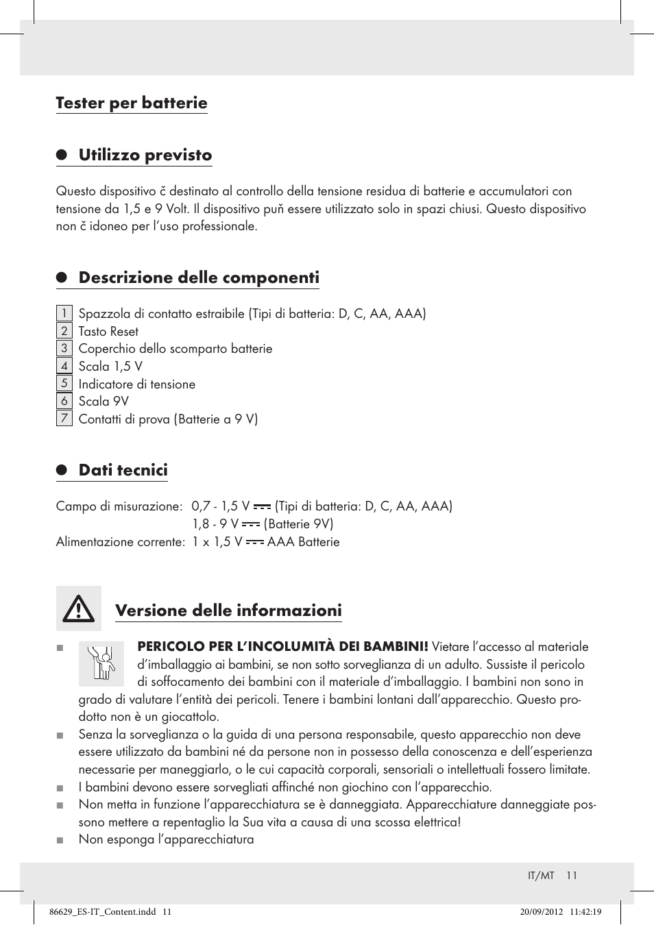 Tester per batterie, Utilizzo previsto, Descrizione delle componenti | Dati tecnici, Versione delle informazioni | Tronic H12276 User Manual | Page 11 / 30