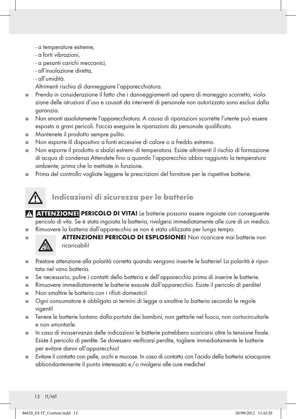 Indicazioni di sicurezza per le batterie | Tronic H12276 User Manual | Page 12 / 30