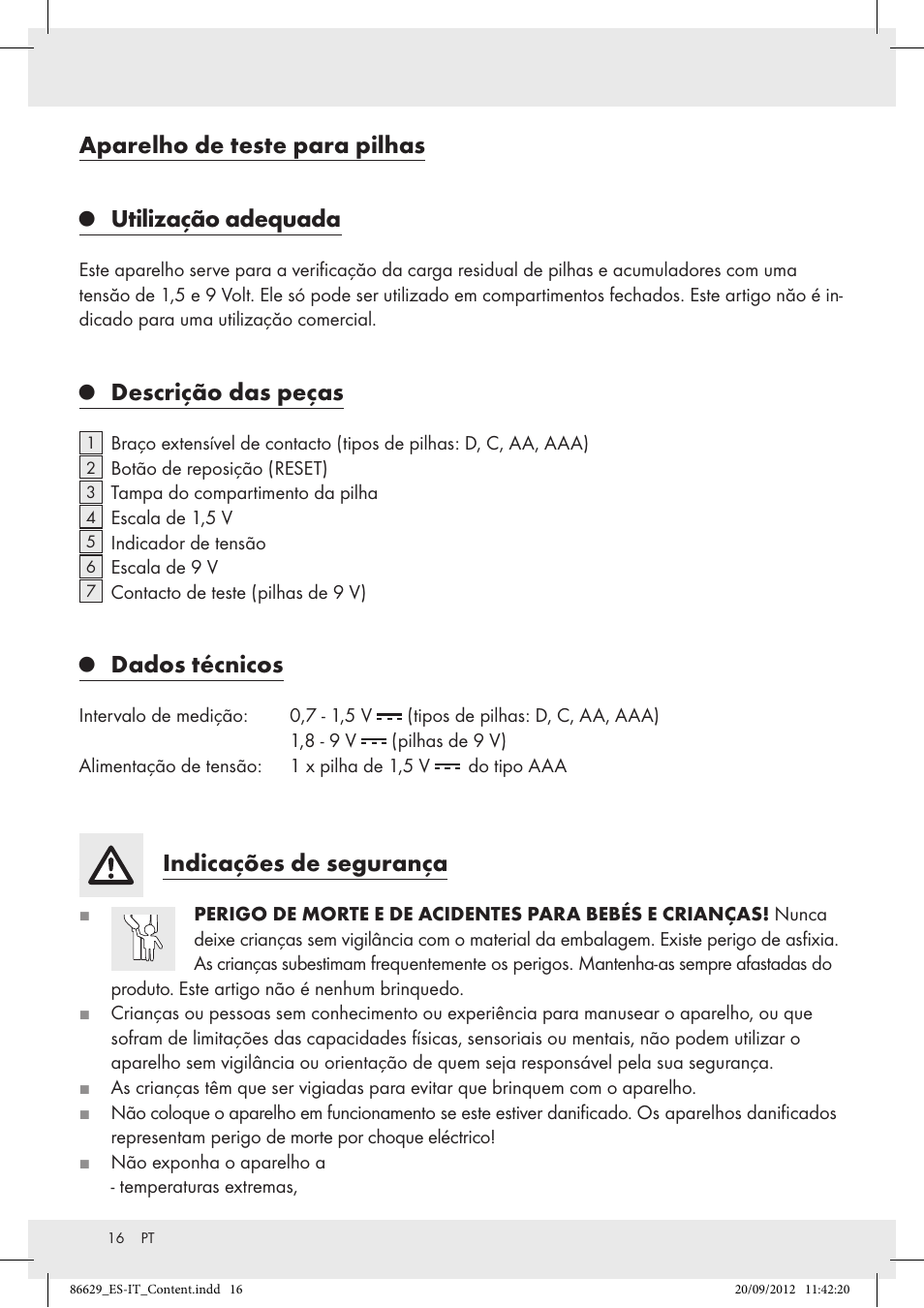 Aparelho de teste para pilhas, Utilização adequada, Descrição das peças | Dados técnicos, Indicações de segurança | Tronic H12276 User Manual | Page 16 / 30