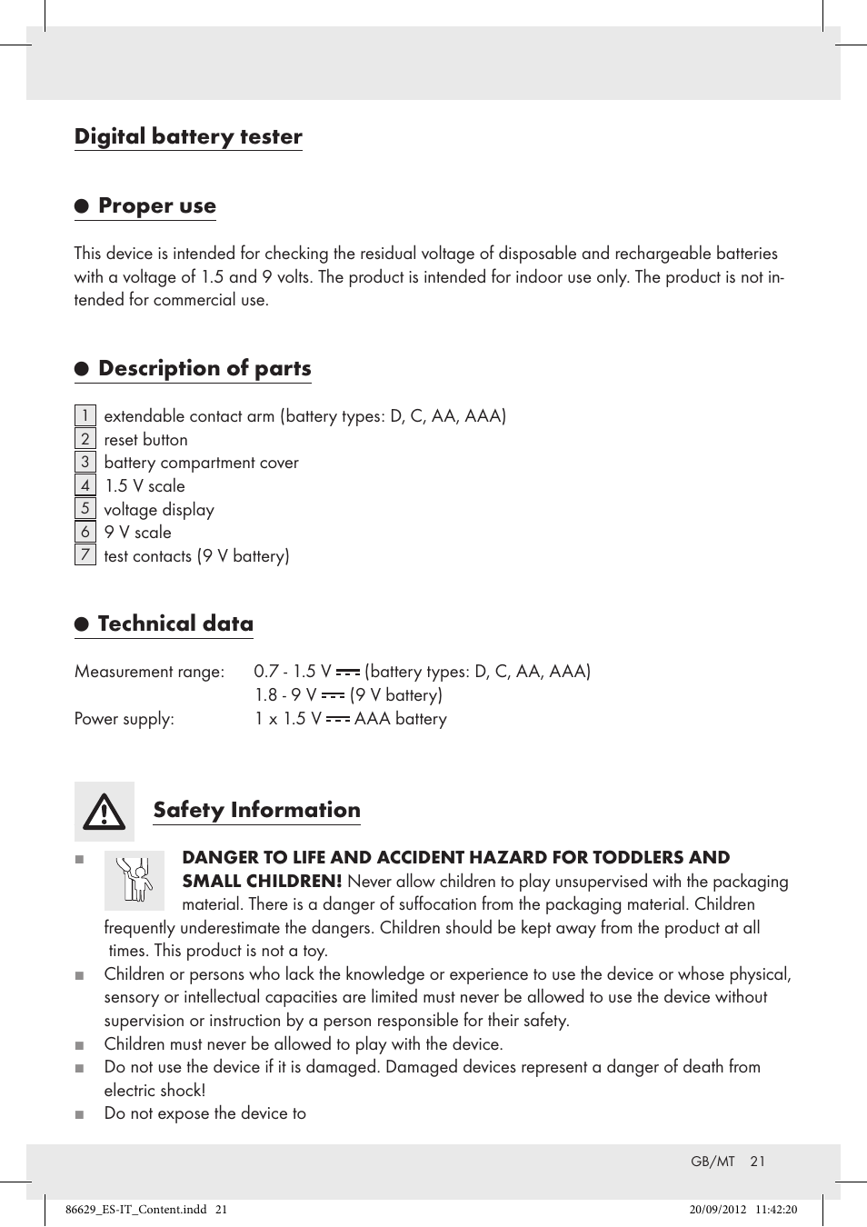 Digital battery tester, Proper use, Description of parts | Technical data, Safety information | Tronic H12276 User Manual | Page 21 / 30