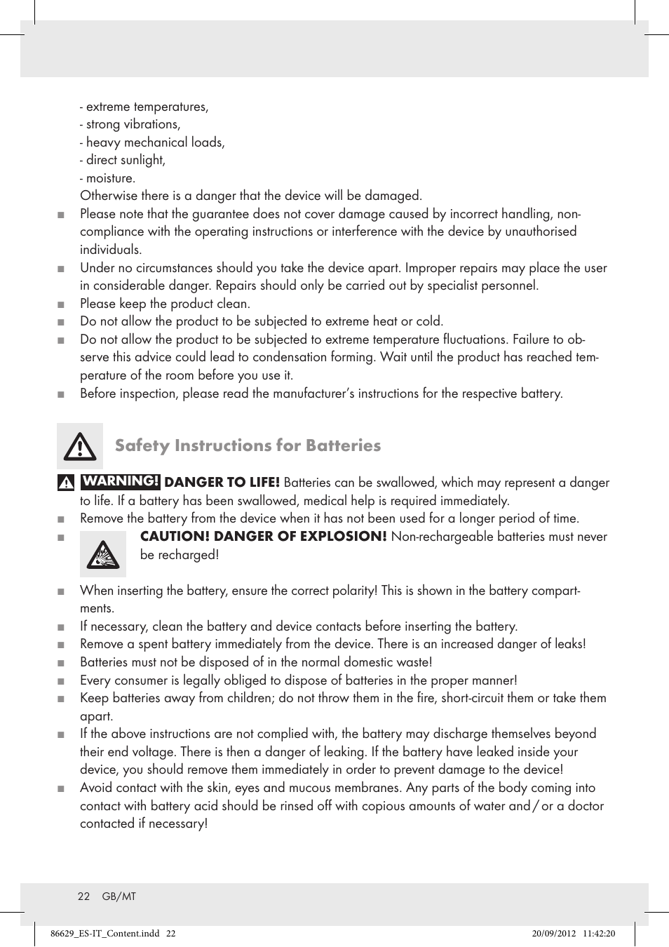 Safety instructions for batteries | Tronic H12276 User Manual | Page 22 / 30