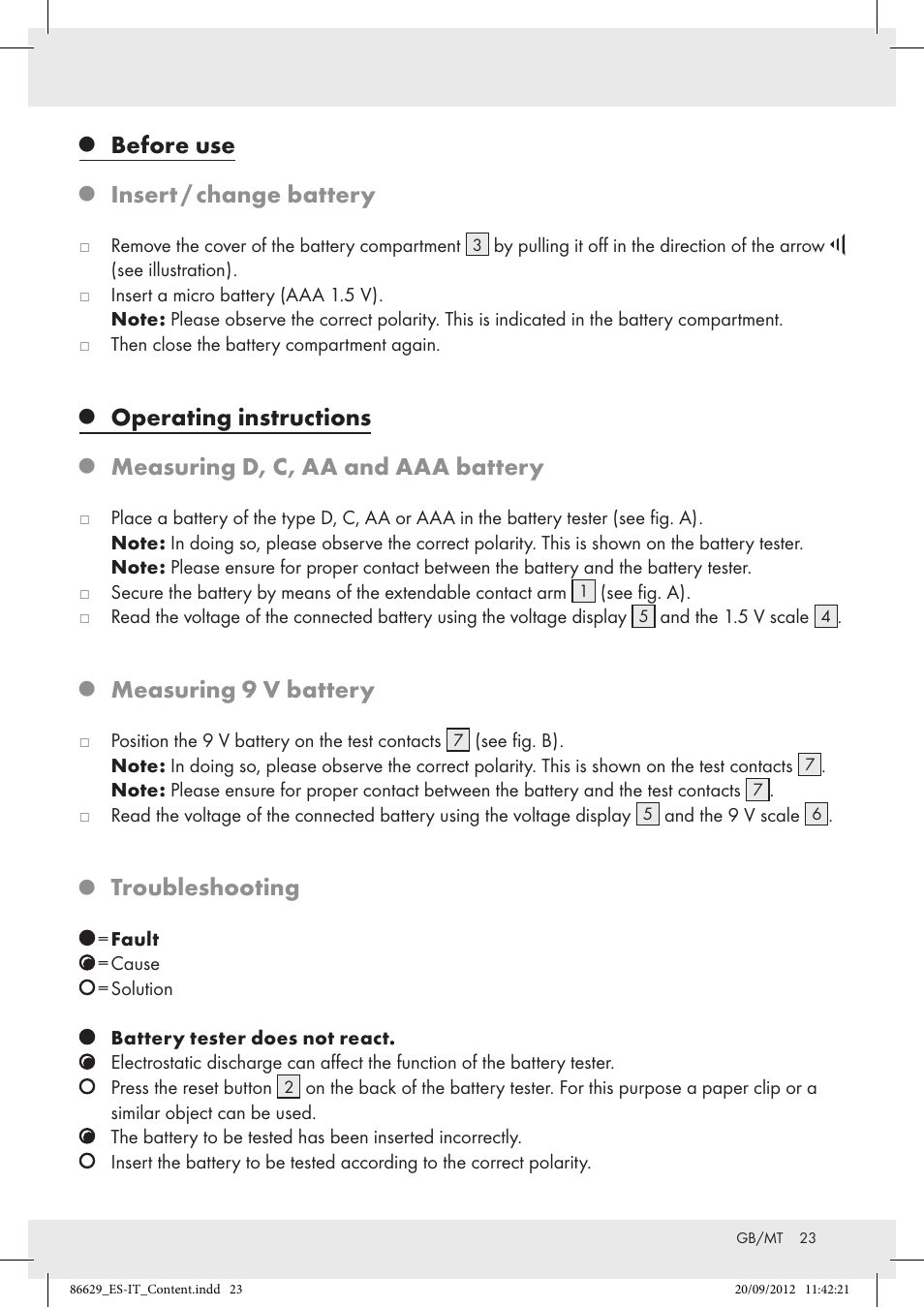 Before use, Insert / change battery, Operating instructions | Measuring d, c, aa and aaa battery, Measuring 9 v battery, Troubleshooting | Tronic H12276 User Manual | Page 23 / 30