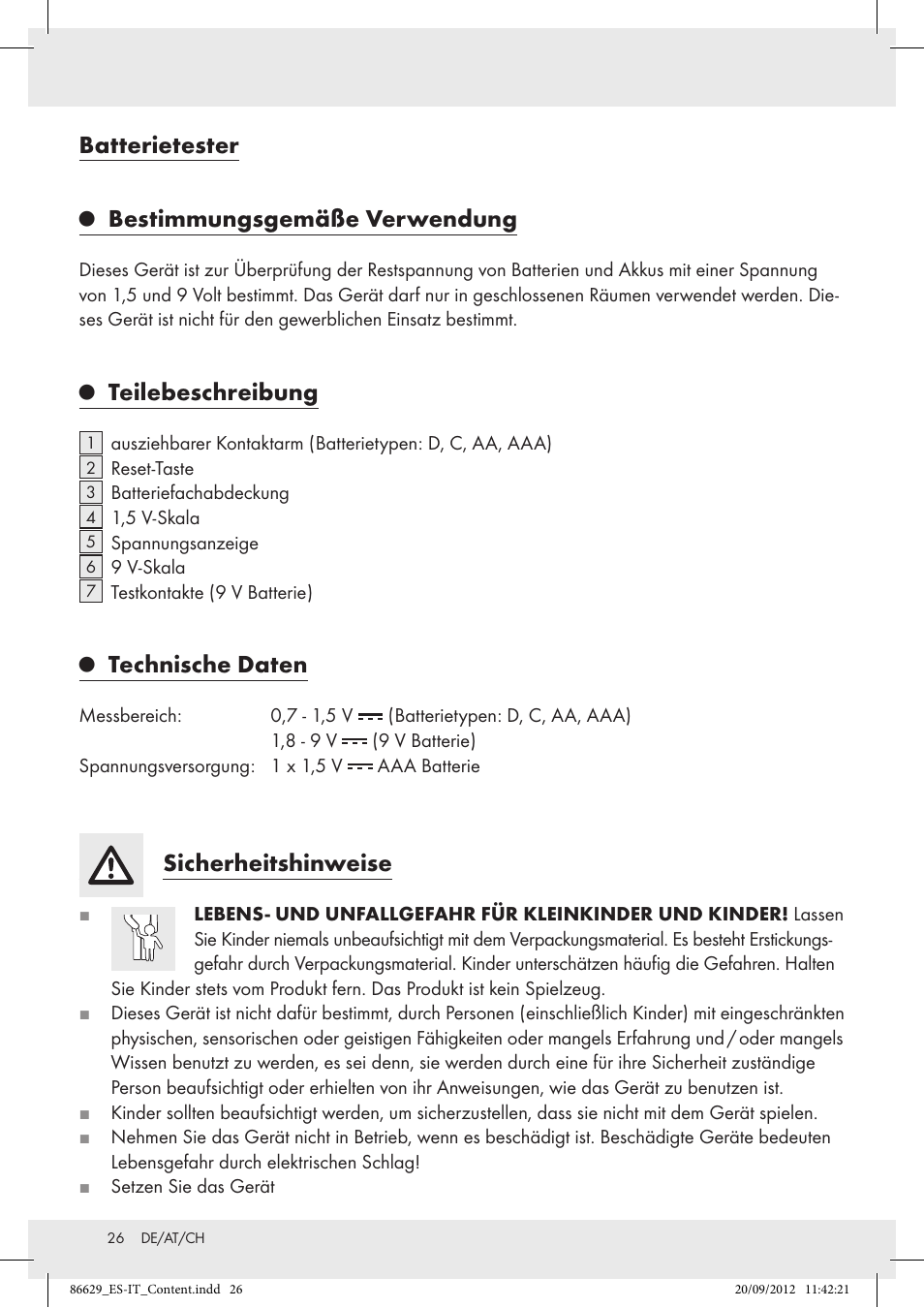 Batterietester, Bestimmungsgemäße verwendung, Teilebeschreibung | Technische daten, Sicherheitshinweise | Tronic H12276 User Manual | Page 26 / 30