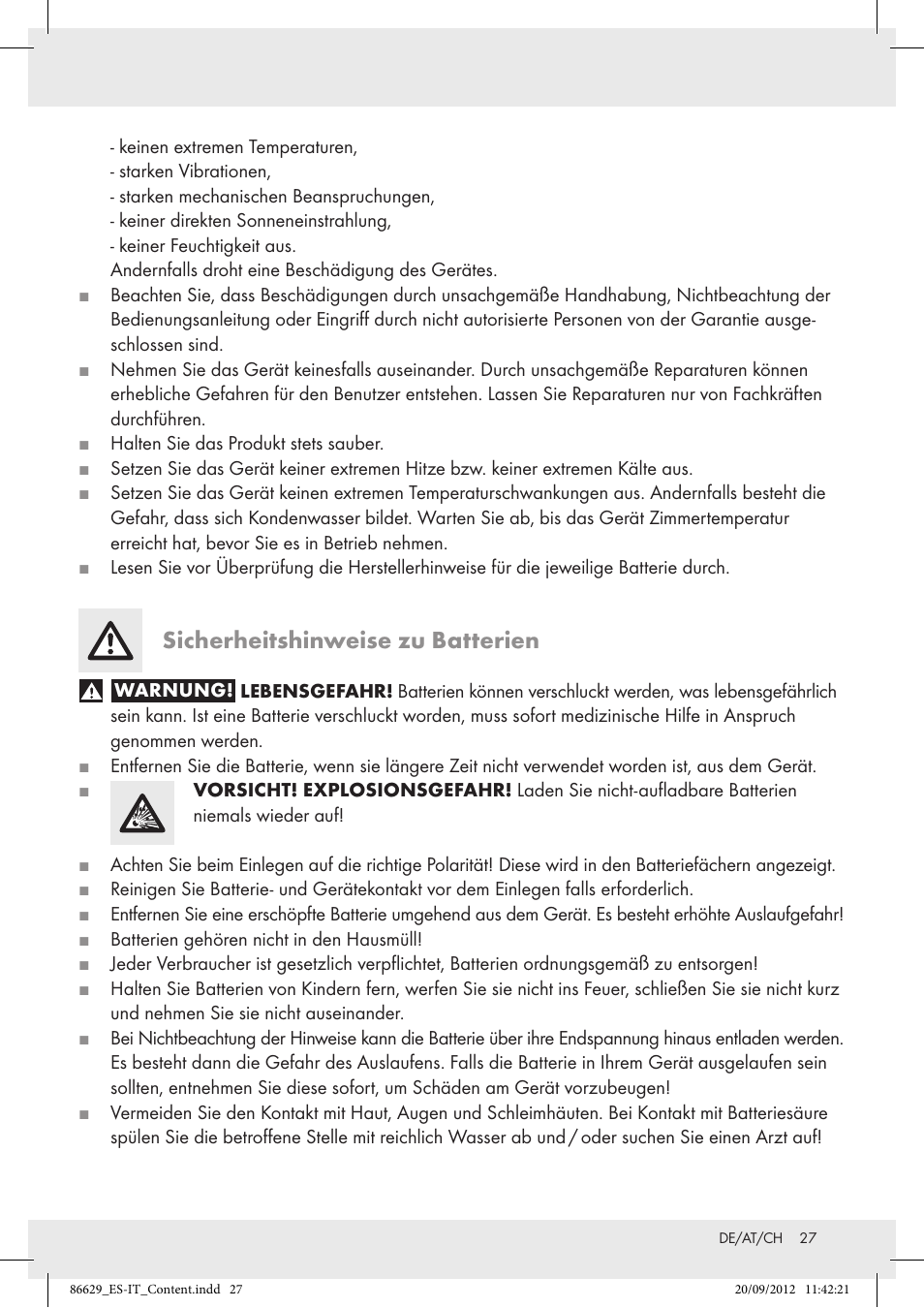 Sicherheitshinweise zu batterien | Tronic H12276 User Manual | Page 27 / 30