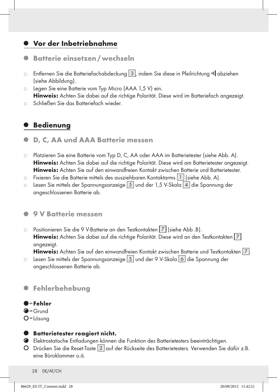 Vor der inbetriebnahme, Batterie einsetzen / wechseln, Bedienung | D, c, aa und aaa batterie messen, 9 v batterie messen, Fehlerbehebung | Tronic H12276 User Manual | Page 28 / 30