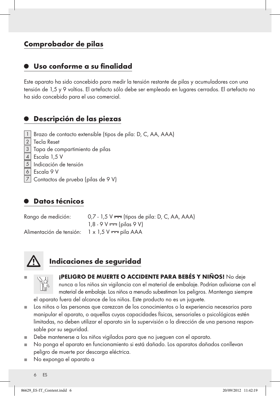 Comprobador de pilas, Uso conforme a su finalidad, Descripción de las piezas | Datos técnicos, Indicaciones de seguridad | Tronic H12276 User Manual | Page 6 / 30