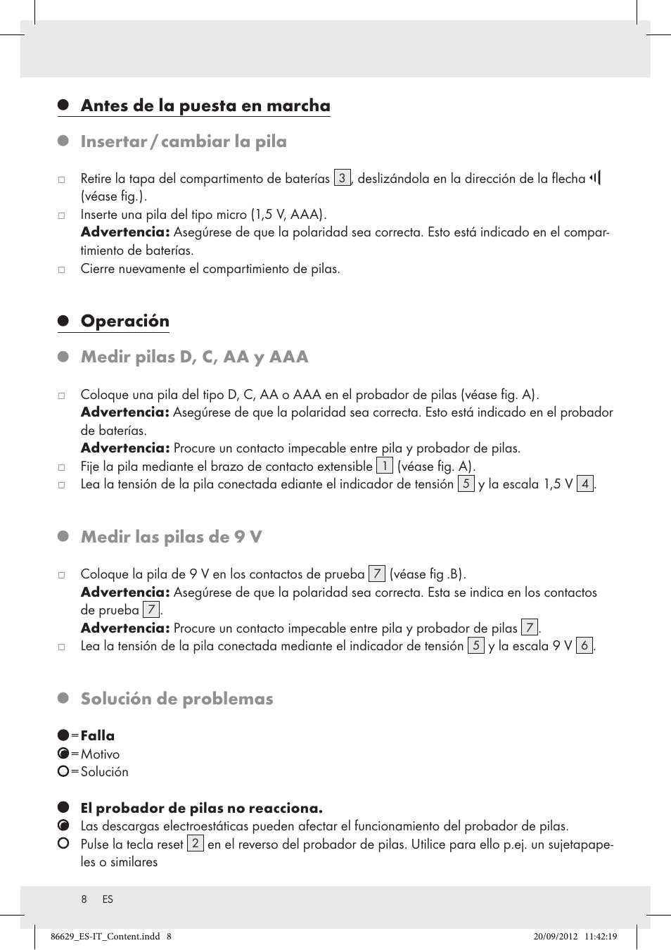 Antes de la puesta en marcha, Insertar / cambiar la pila, Operación | Medir pilas d, c, aa y aaa, Medir las pilas de 9 v, Solución de problemas | Tronic H12276 User Manual | Page 8 / 30