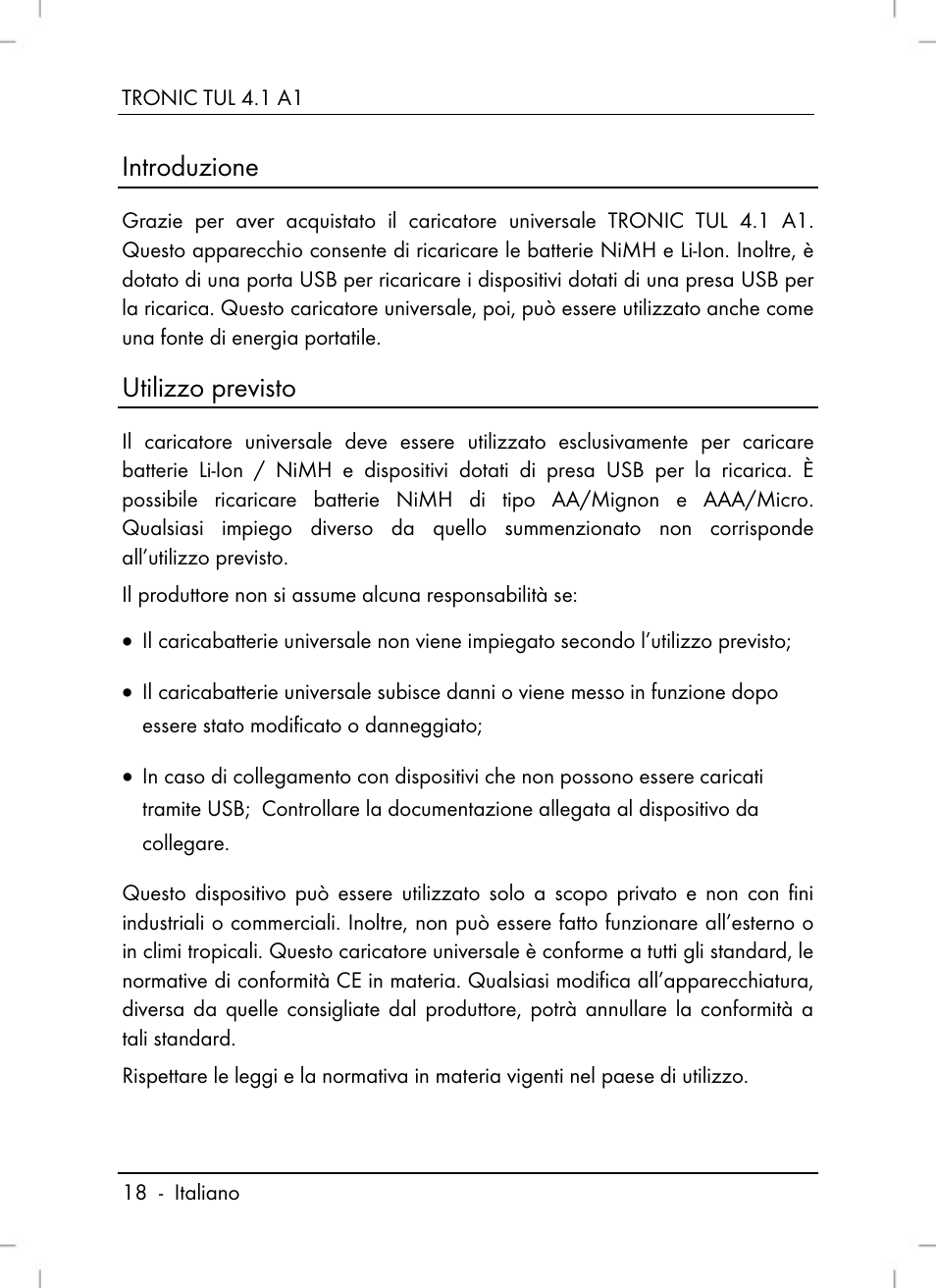 Introduzione, Utilizzo previsto | Tronic TUL 4.1 A1 User Manual | Page 20 / 80