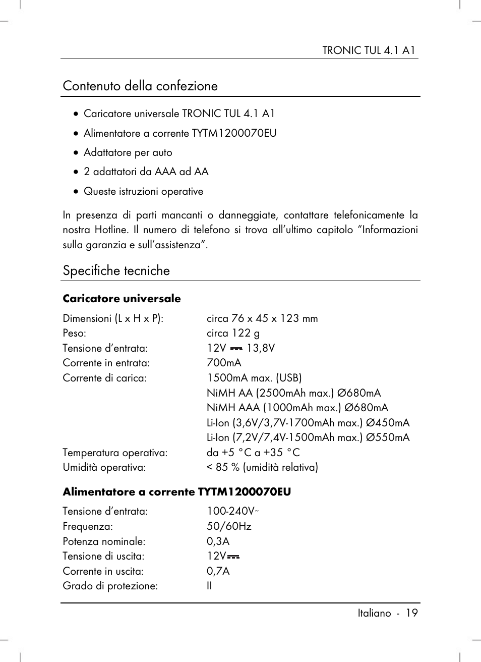 Contenuto della confezione, Specifiche tecniche | Tronic TUL 4.1 A1 User Manual | Page 21 / 80