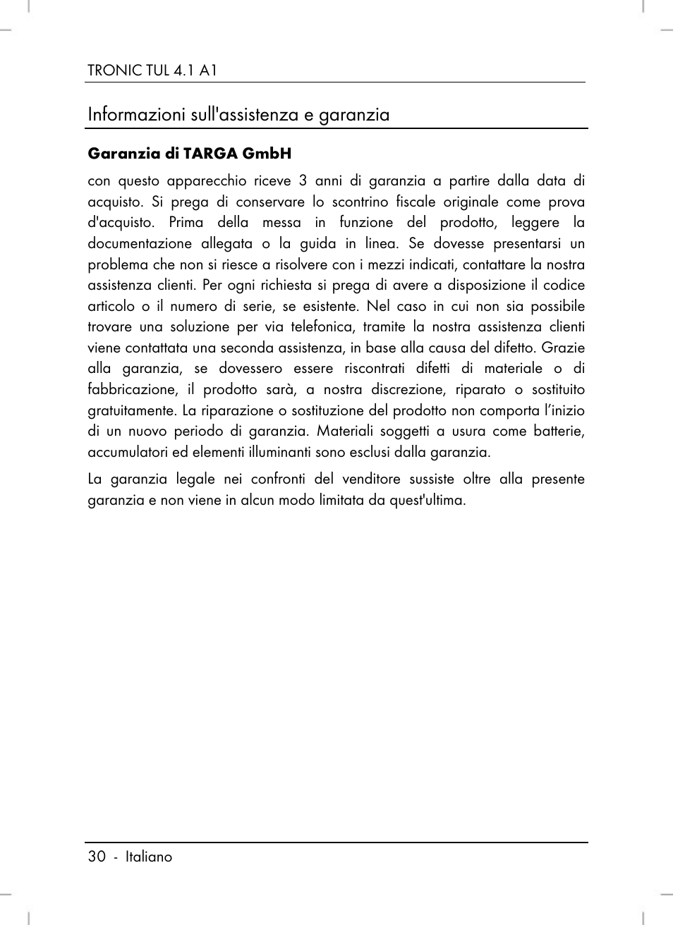 Informazioni sull'assistenza e garanzia | Tronic TUL 4.1 A1 User Manual | Page 32 / 80