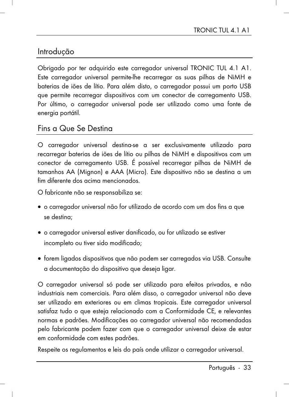 Introdução, Fins a que se destina | Tronic TUL 4.1 A1 User Manual | Page 35 / 80