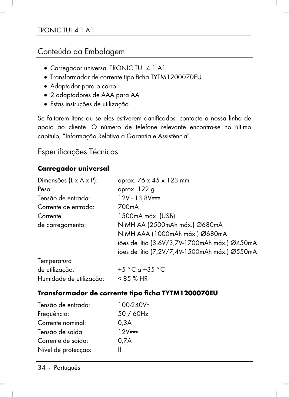 Conteúdo da embalagem, Especificações técnicas | Tronic TUL 4.1 A1 User Manual | Page 36 / 80