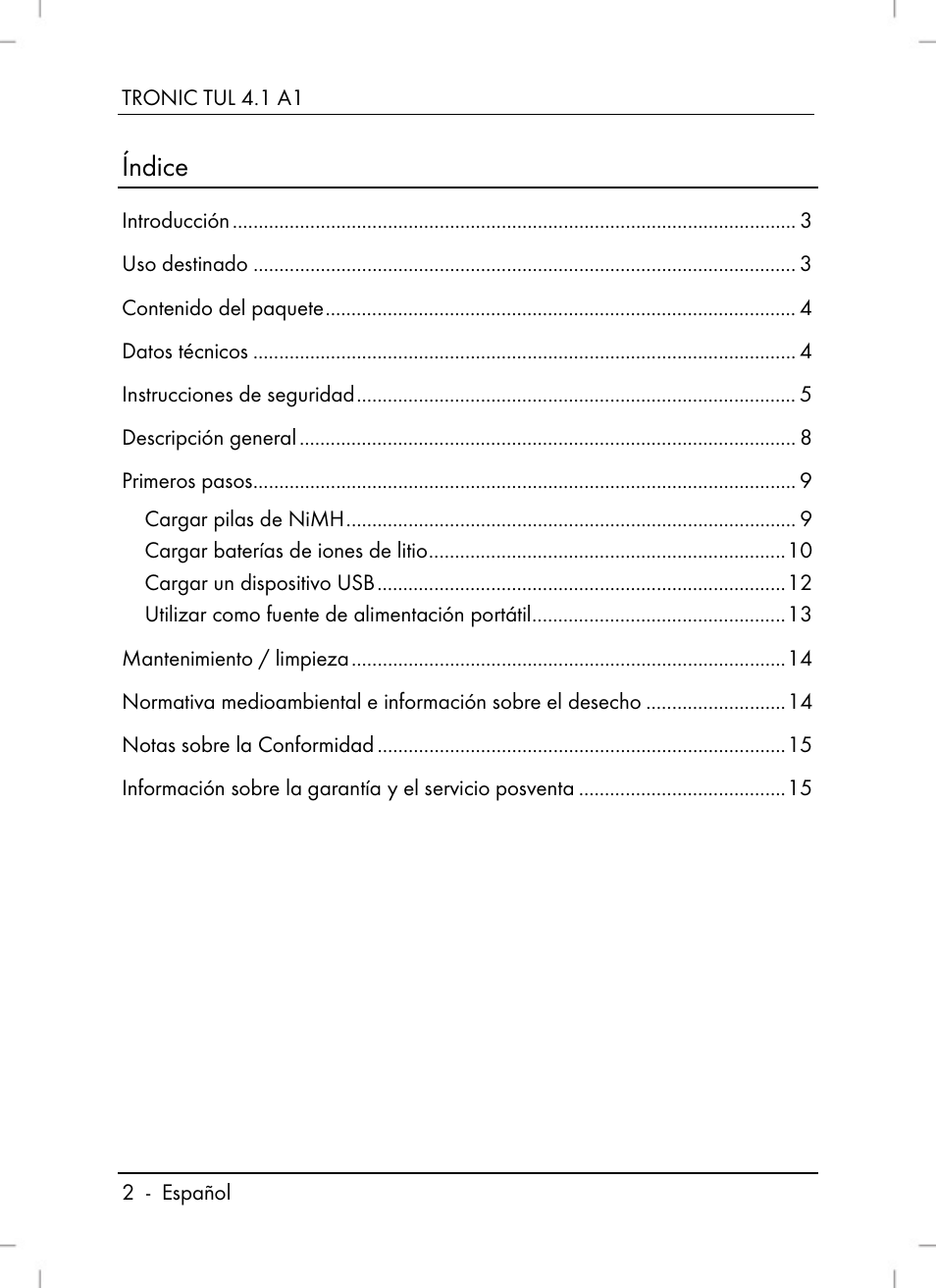 Índice | Tronic TUL 4.1 A1 User Manual | Page 4 / 80