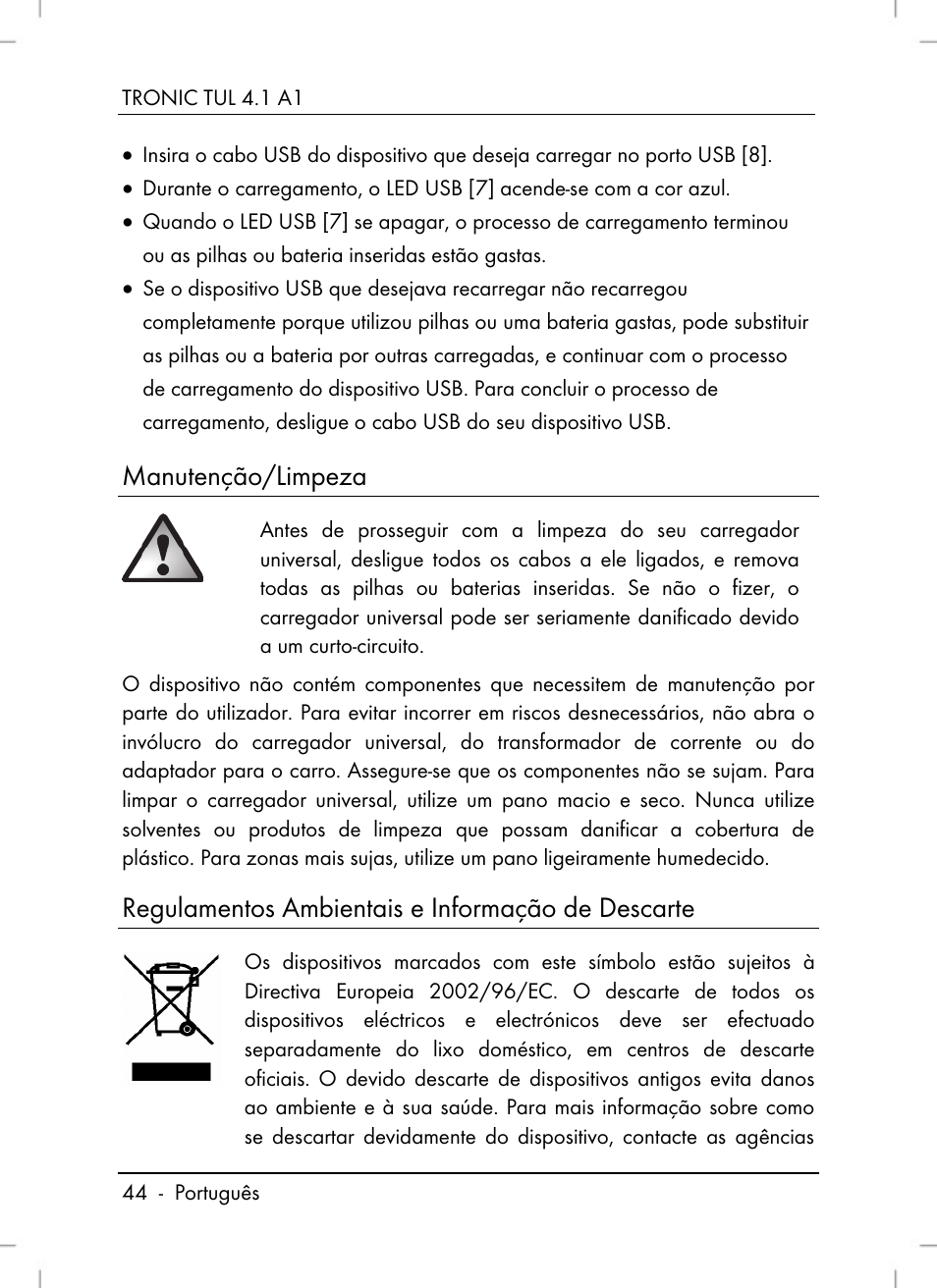 Manutenção/limpeza, Regulamentos ambientais e informação de descarte | Tronic TUL 4.1 A1 User Manual | Page 46 / 80