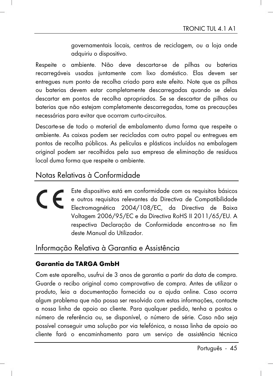 Notas relativas à conformidade, Informação relativa à garantia e assistência | Tronic TUL 4.1 A1 User Manual | Page 47 / 80