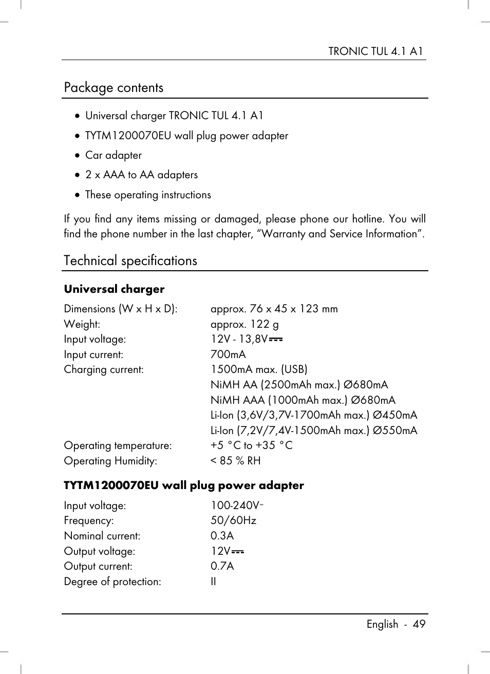 Package contents, Technical specifications | Tronic TUL 4.1 A1 User Manual | Page 51 / 80