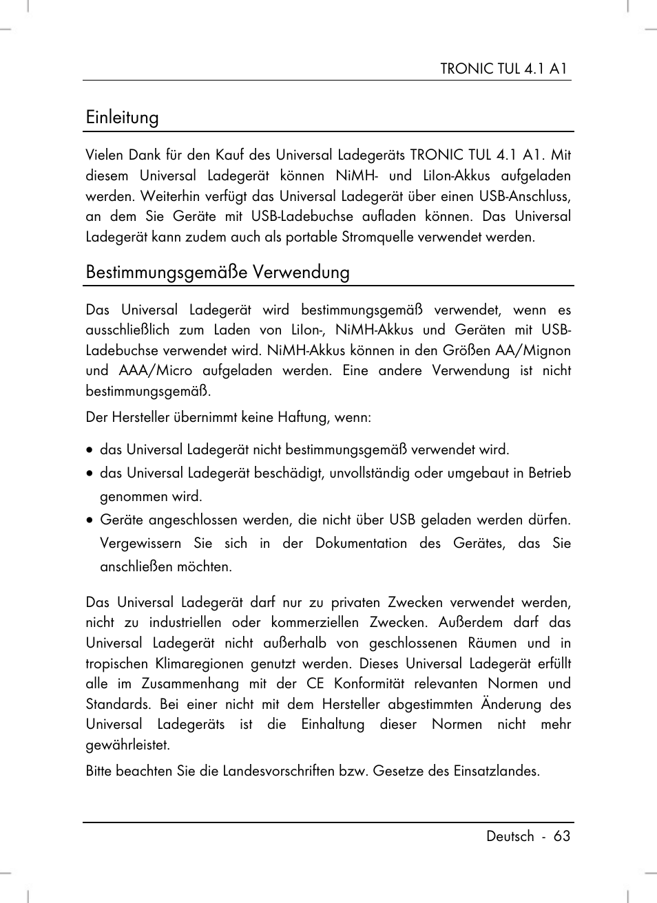 Einleitung, Bestimmungsgemäße verwendung | Tronic TUL 4.1 A1 User Manual | Page 65 / 80