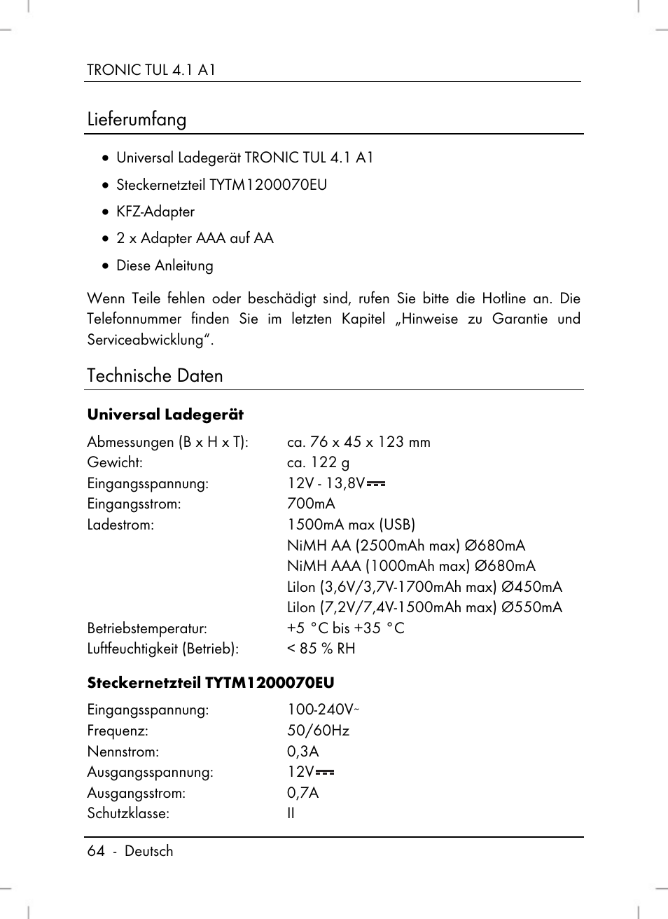 Lieferumfang, Technische daten | Tronic TUL 4.1 A1 User Manual | Page 66 / 80
