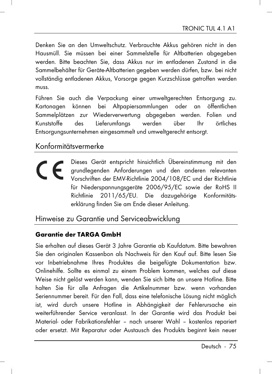 Konformitätsvermerke, Hinweise zu garantie und serviceabwicklung | Tronic TUL 4.1 A1 User Manual | Page 77 / 80