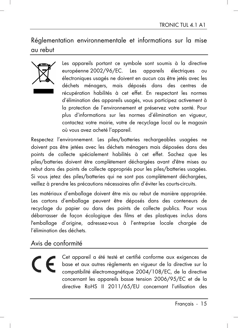 Avis de conformité | Tronic TUL 4.1 A1 User Manual | Page 17 / 66