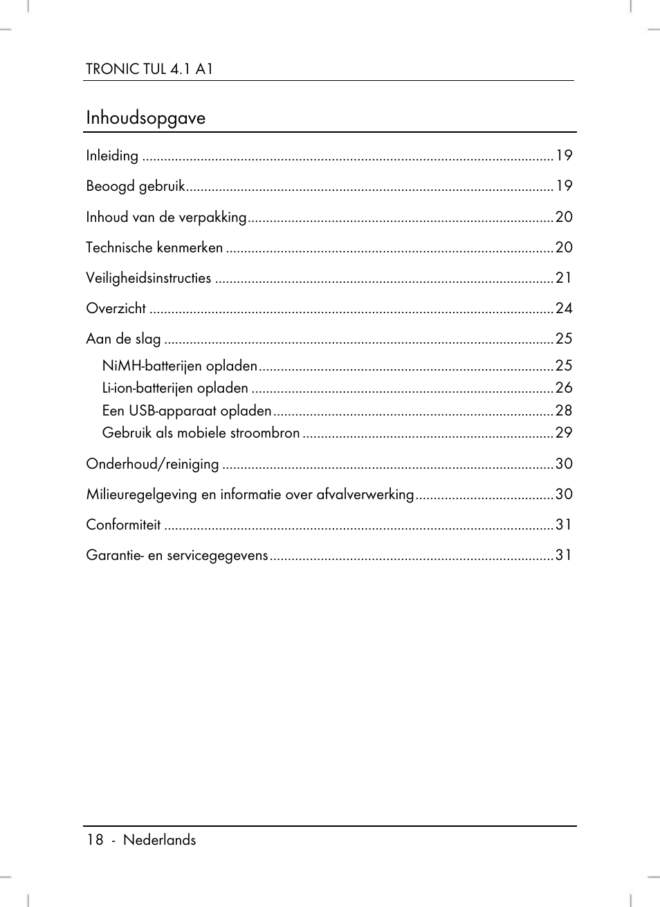 Inhoudsopgave | Tronic TUL 4.1 A1 User Manual | Page 20 / 66