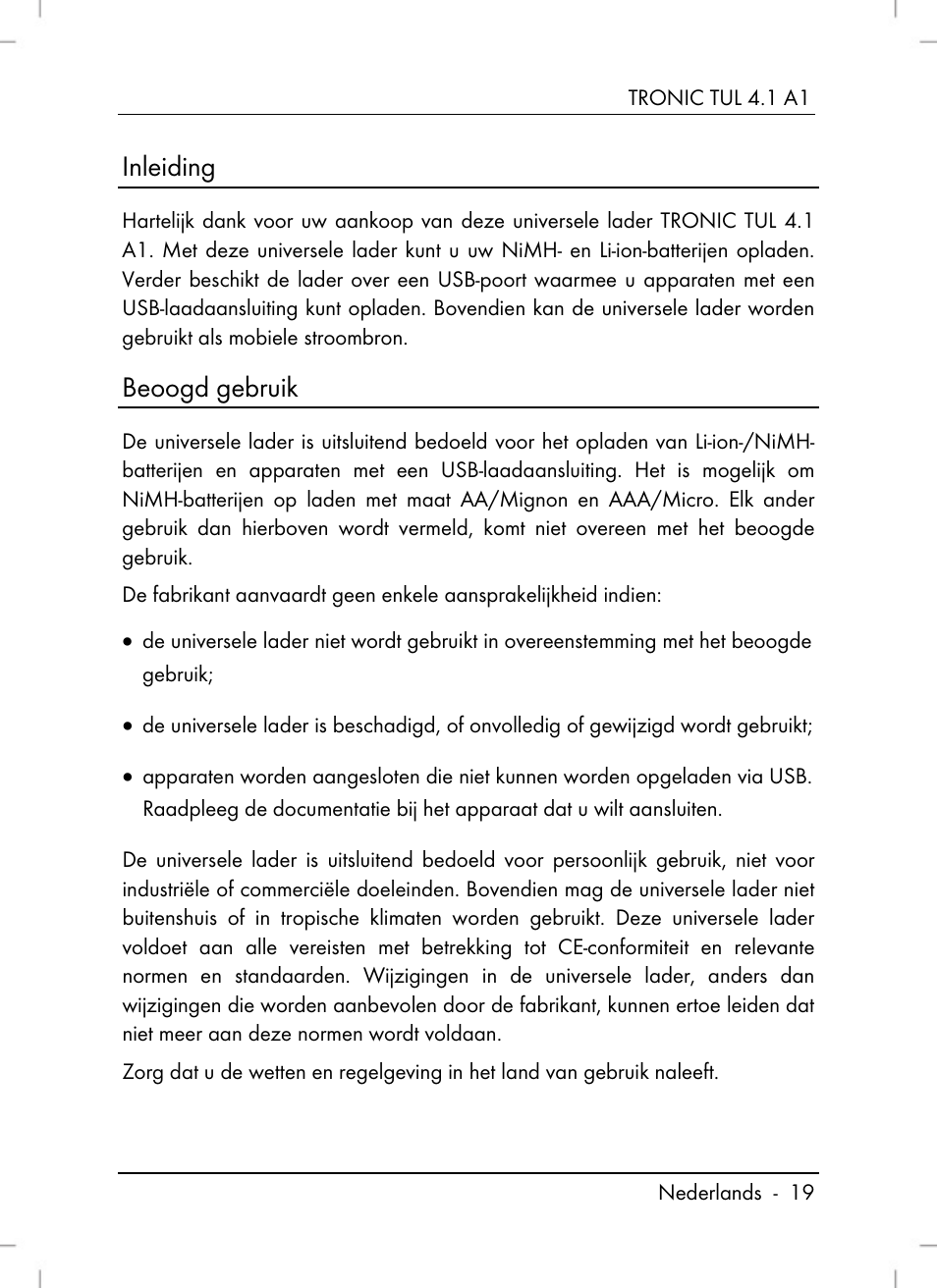 Inleiding, Beoogd gebruik | Tronic TUL 4.1 A1 User Manual | Page 21 / 66