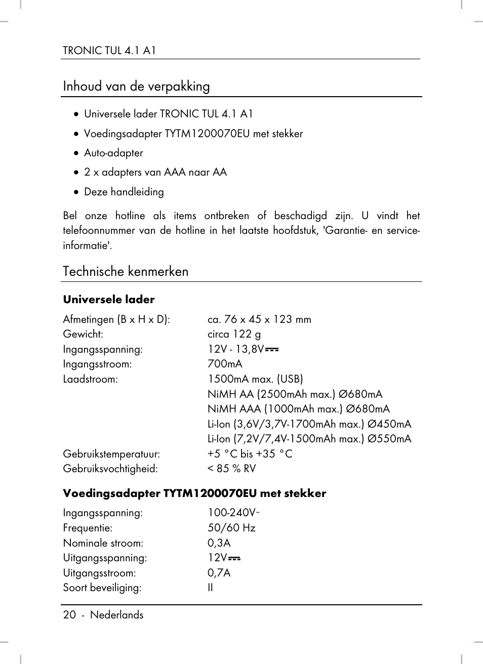 Inhoud van de verpakking, Technische kenmerken | Tronic TUL 4.1 A1 User Manual | Page 22 / 66