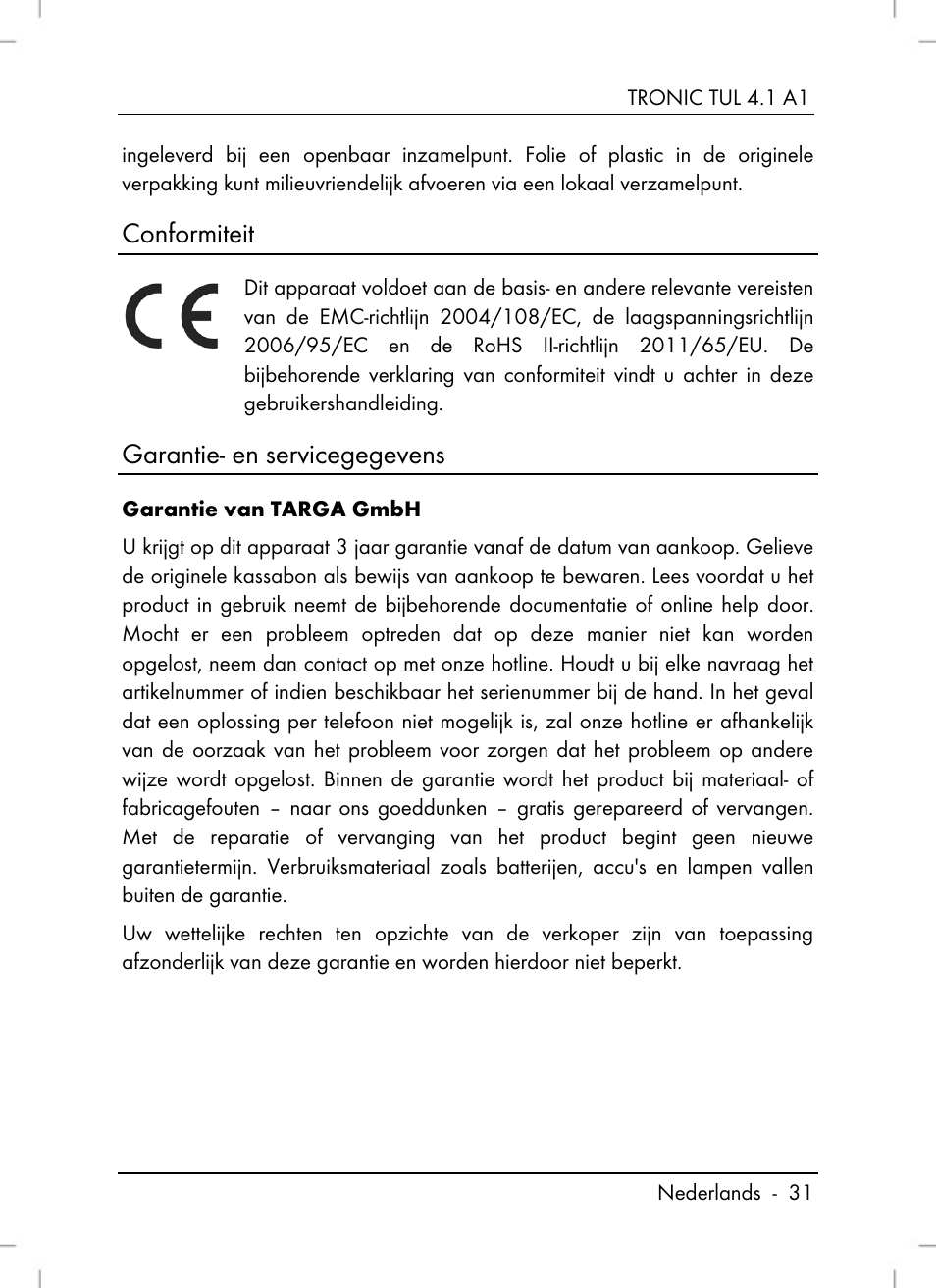 Conformiteit, Garantie- en servicegegevens | Tronic TUL 4.1 A1 User Manual | Page 33 / 66