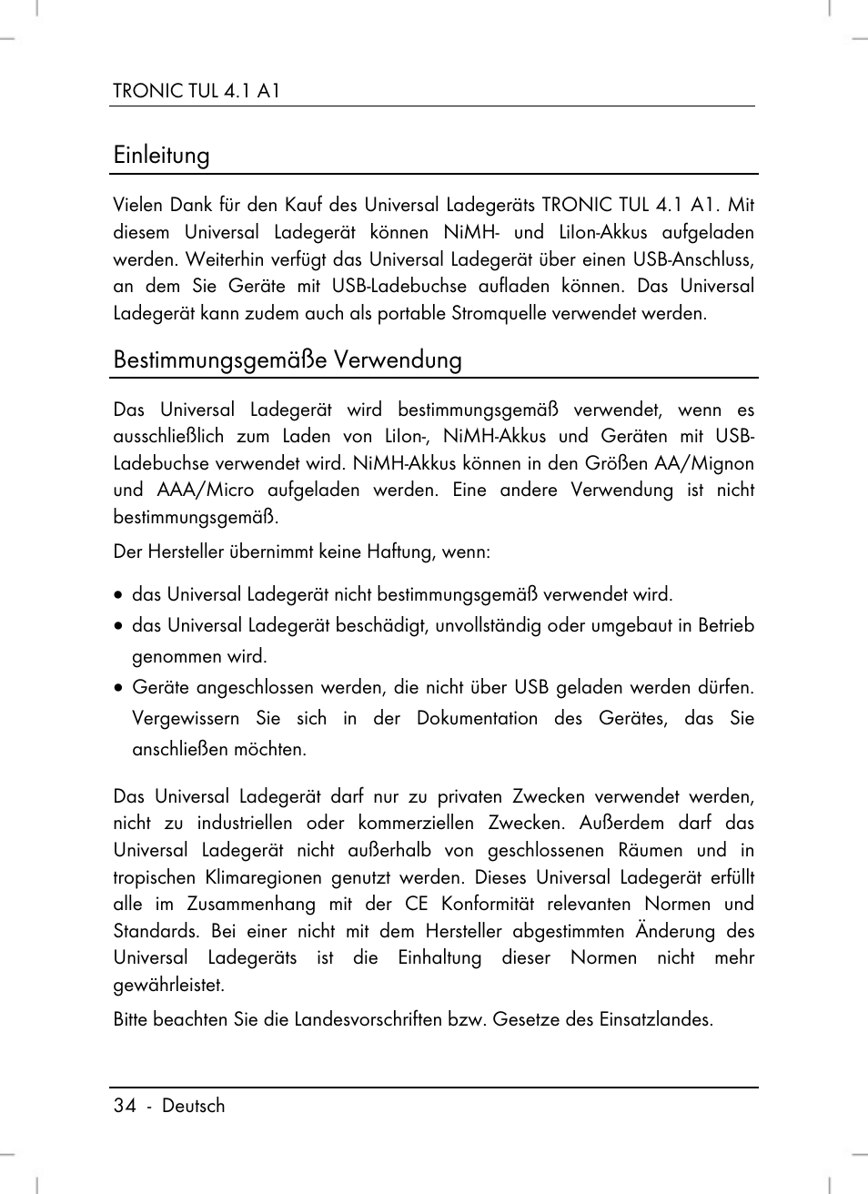 Einleitung, Bestimmungsgemäße verwendung | Tronic TUL 4.1 A1 User Manual | Page 36 / 66