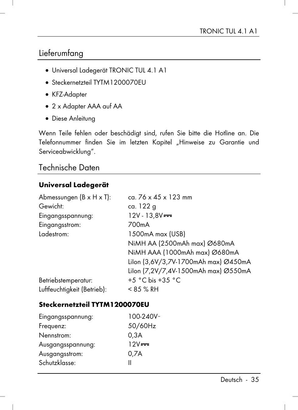 Lieferumfang, Technische daten | Tronic TUL 4.1 A1 User Manual | Page 37 / 66