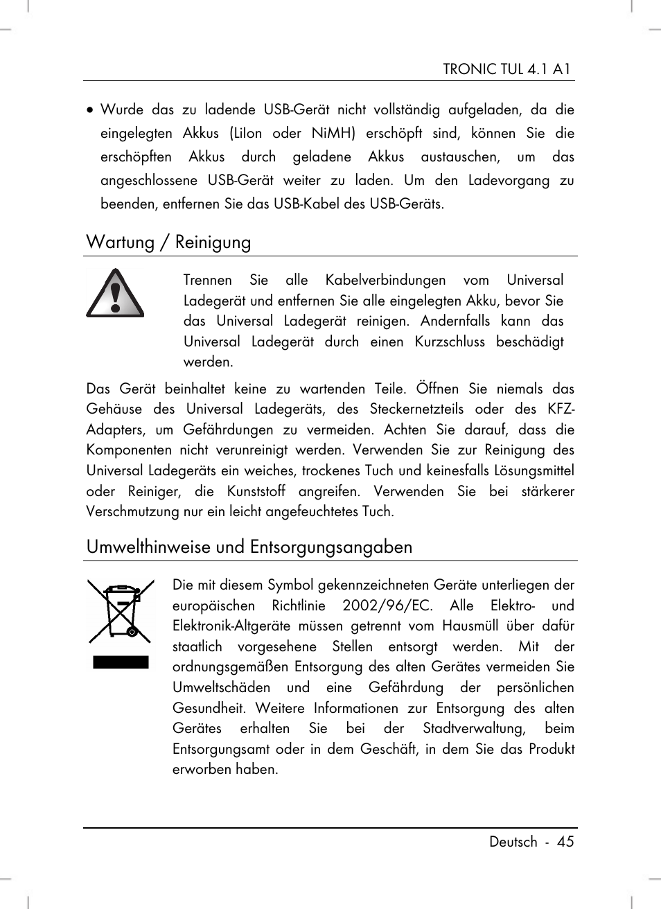 Wartung / reinigung, Umwelthinweise und entsorgungsangaben | Tronic TUL 4.1 A1 User Manual | Page 47 / 66