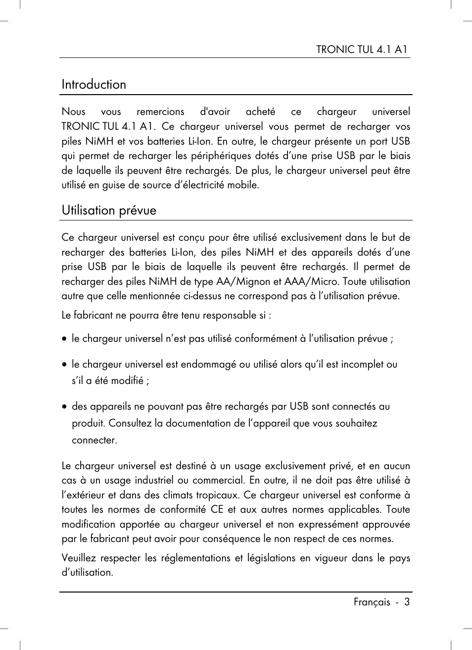 Introduction, Utilisation prévue | Tronic TUL 4.1 A1 User Manual | Page 5 / 66