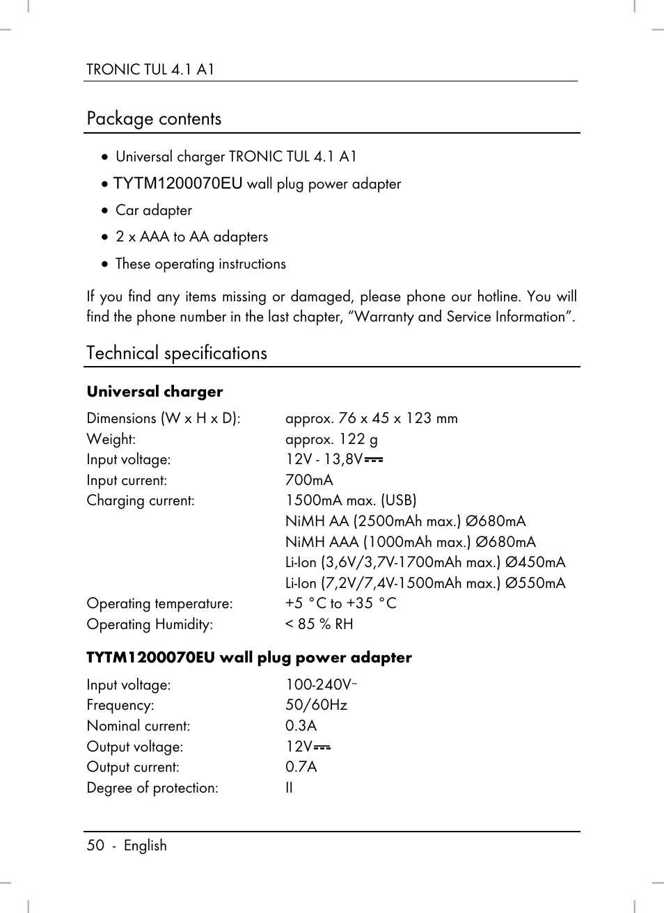 Package contents, Technical specifications | Tronic TUL 4.1 A1 User Manual | Page 52 / 66